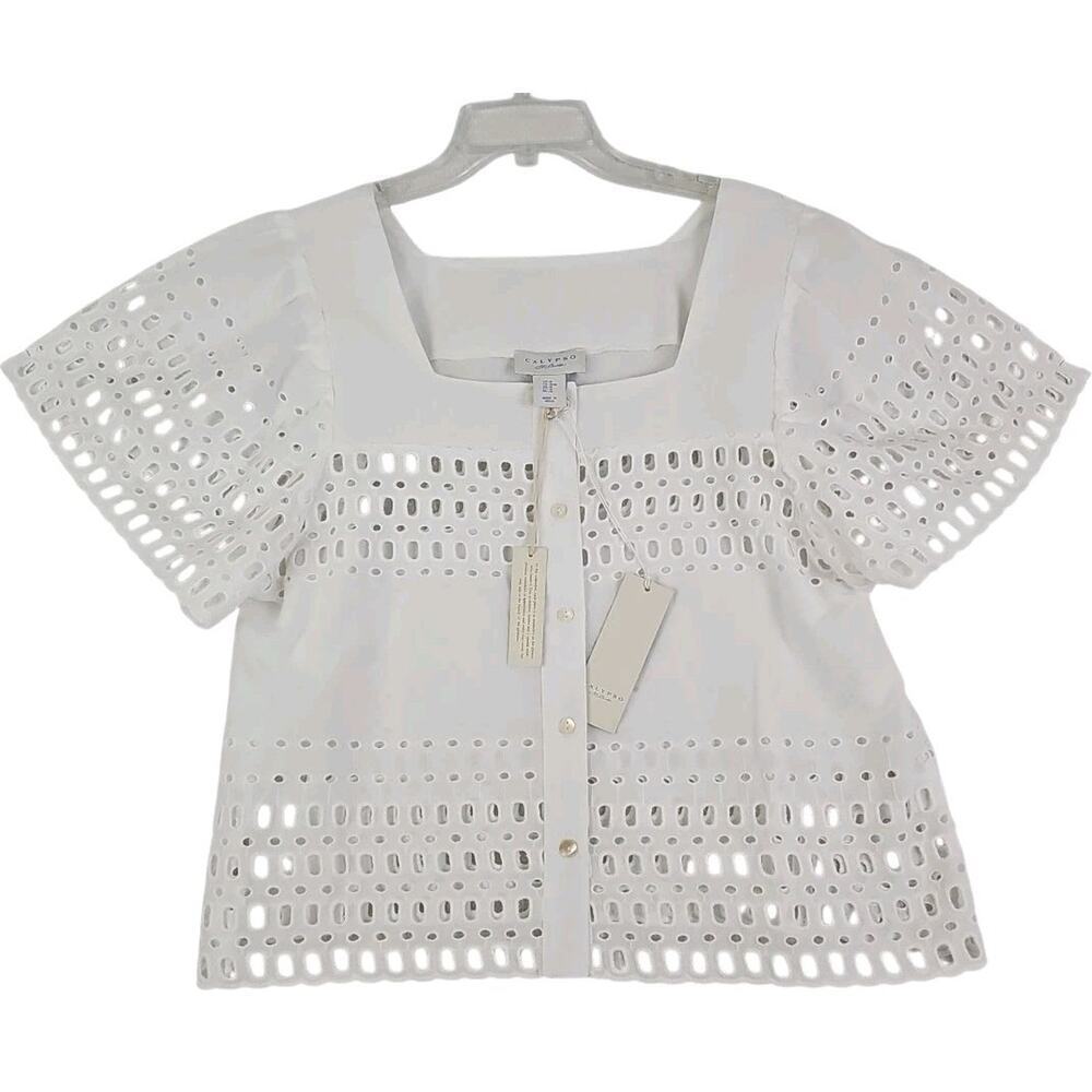 Calypso~Woman Size S~White 100 % Cotton Button-Up Shirt Blouse Shirt Sleeve NWT.